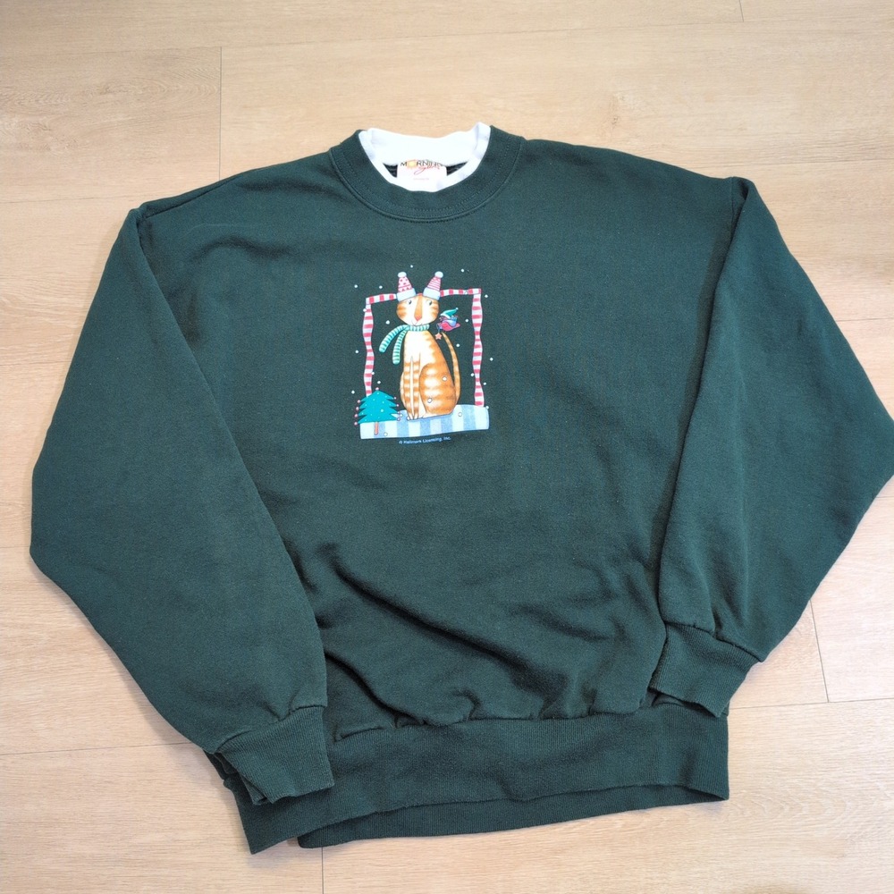 Vintage Morning Sun Hallmark Cat Sweatshirt Green XL Made in USA Christmas 90s